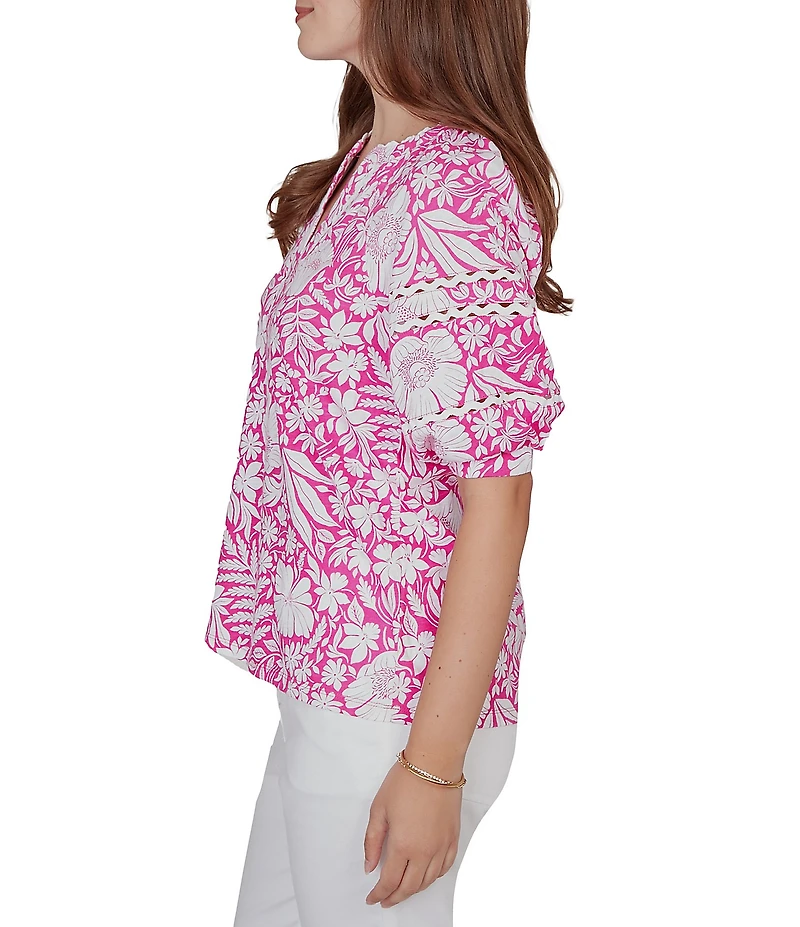 Ruby Rd. Petite Size Tropical Floral Split V-Neck Elbow Sleeve Top