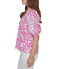 Ruby Rd. Petite Size Tropical Floral Split V-Neck Elbow Sleeve Top