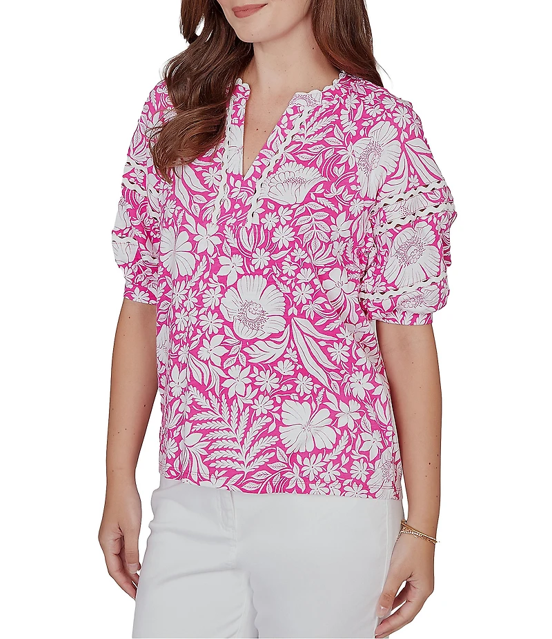 Ruby Rd. Petite Size Tropical Floral Split V-Neck Elbow Sleeve Top
