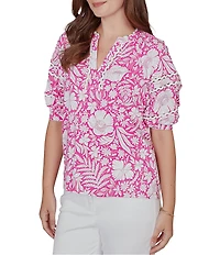 Ruby Rd. Petite Size Tropical Floral Split V-Neck Elbow Sleeve Top