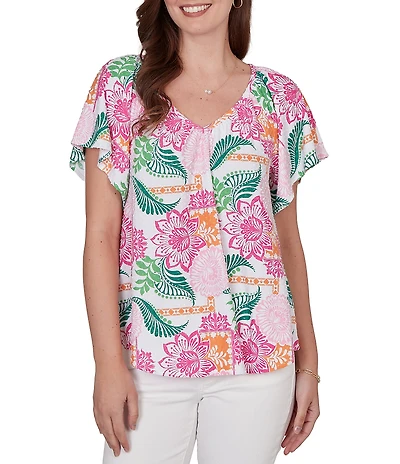 Ruby Rd. Petite Size Tropical Floral V-Neck Short Flutter Sleeve Top