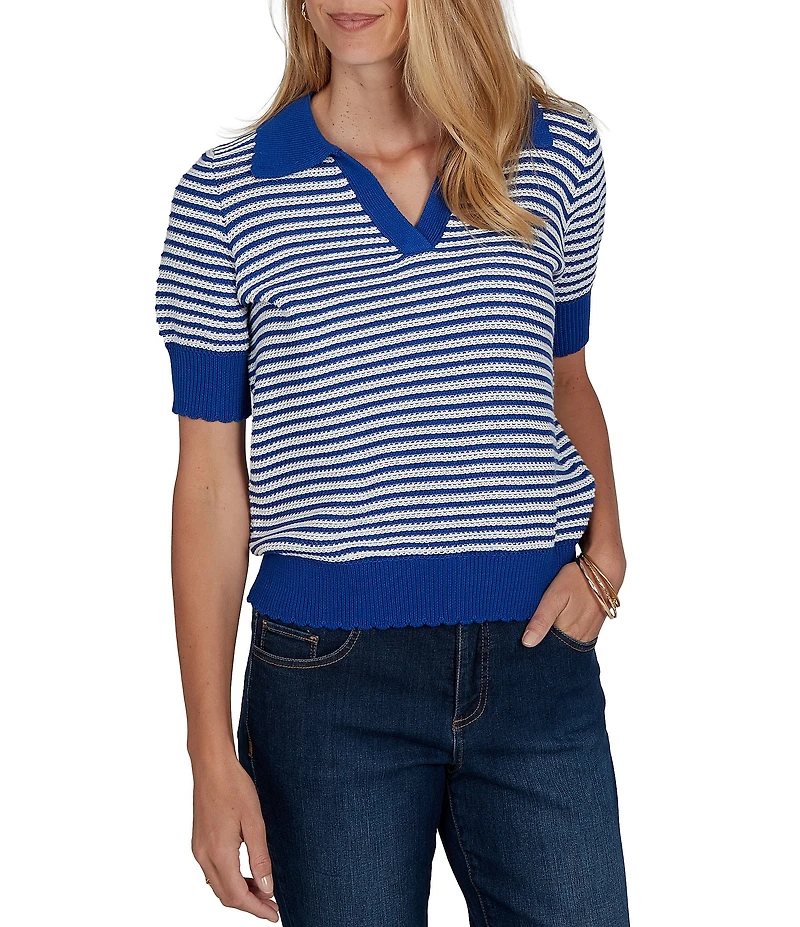 Ruby Rd. Petite Size Two-Tone Collared V-Neck Elbow Length Sleeve Pullover Sweater