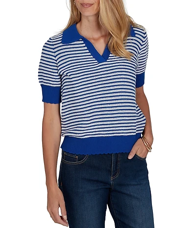 Ruby Rd. Petite Size Two-Tone Collared V-Neck Elbow Length Sleeve Pullover Sweater