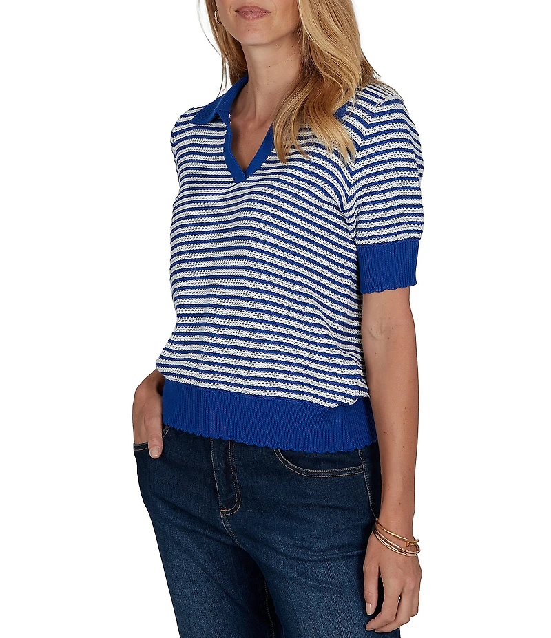 Ruby Rd. Petite Size Two-Tone Collared V-Neck Elbow Length Sleeve Pullover Sweater