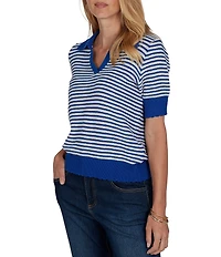 Ruby Rd. Petite Size Two-Tone Collared V-Neck Elbow Length Sleeve Pullover Sweater