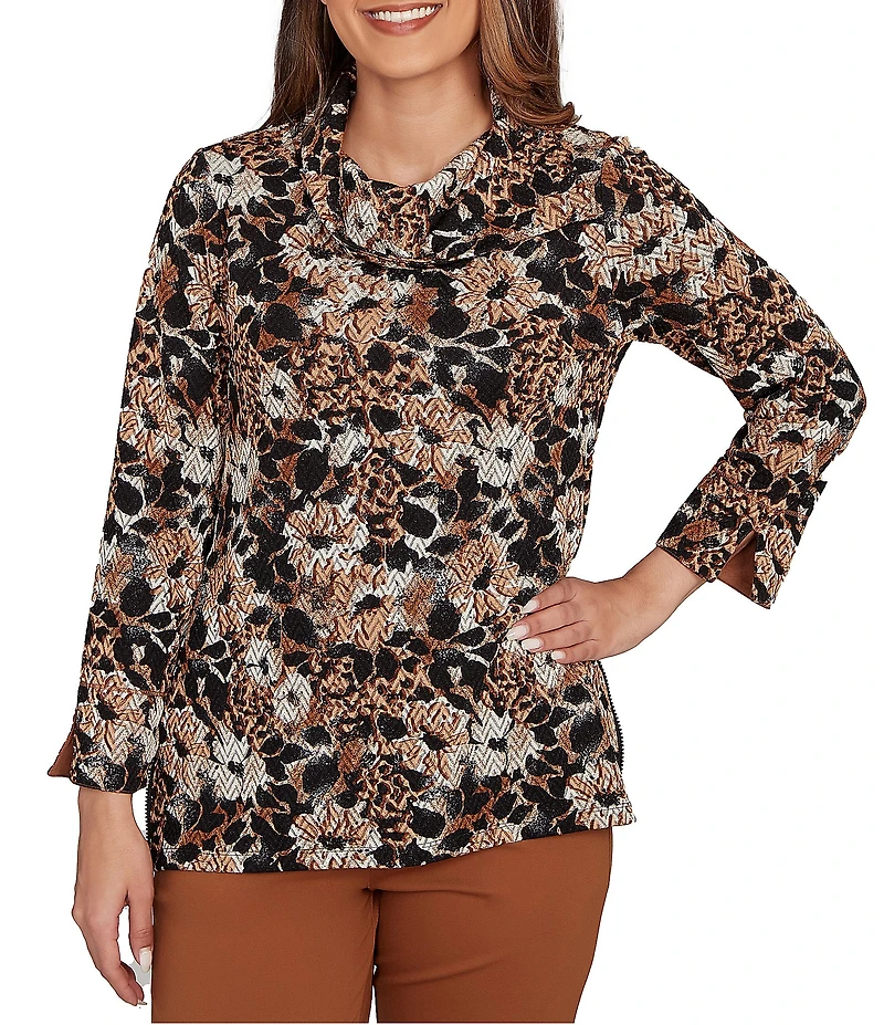 Ruby Rd. Petite Size Floral Spots Print Cowl Neck Side Zipper Knit Top