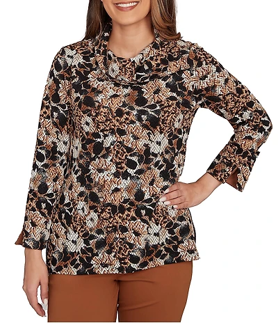 Ruby Rd. Petite Size Floral Spots Print Cowl Neck Side Zipper Knit Top