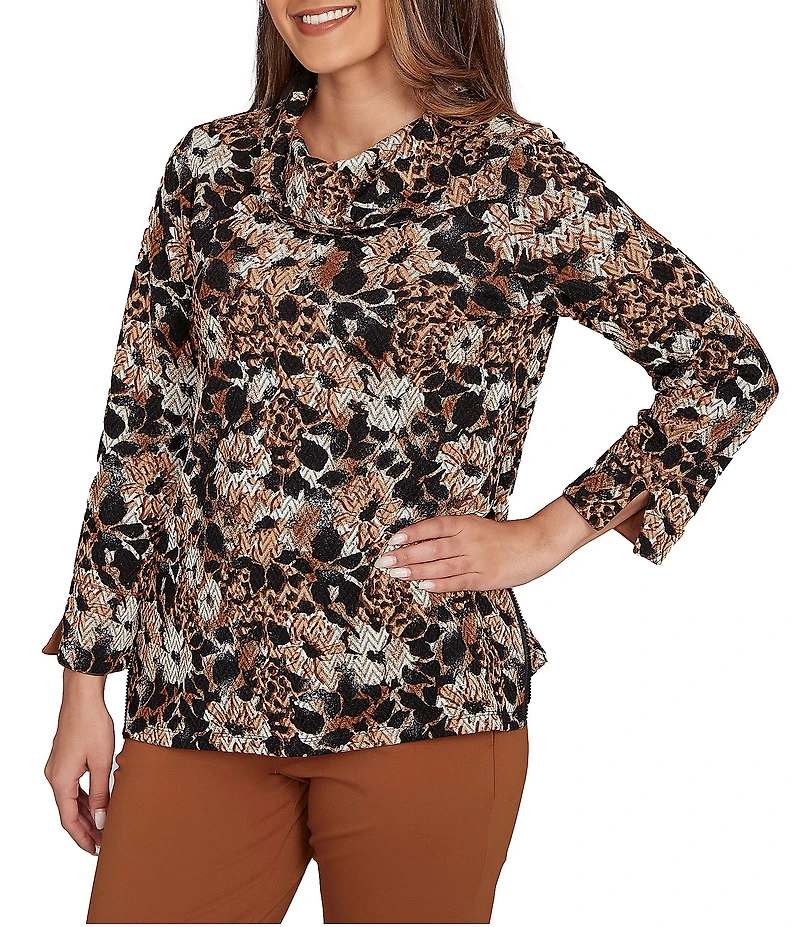 Ruby Rd. Petite Size Floral Spots Print Cowl Neck Side Zipper Knit Top
