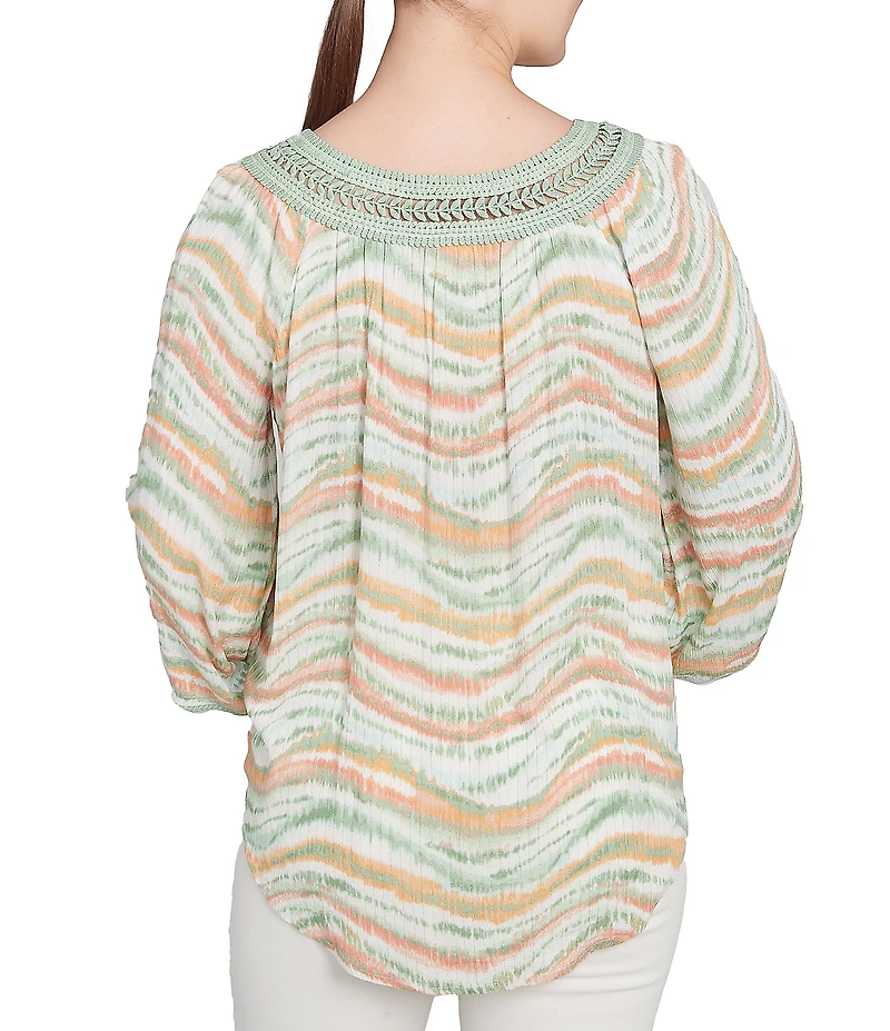 Ruby Rd. Petite Size Wavy Stripe Metallic Details Lace Embellished Scoop Neck 3/4 Sleeve Tie-Front Top