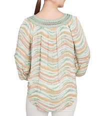 Ruby Rd. Petite Size Wavy Stripe Metallic Details Lace Embellished Scoop Neck 3/4 Sleeve Tie-Front Top