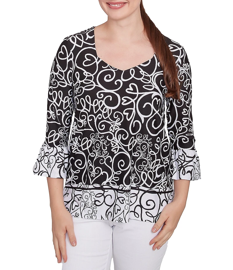 Ruby Rd. Petite Size Whirlwind Heart Border Print Knit Sweetheart Neck 3/4 Sleeve Top