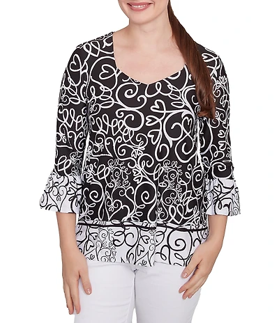 Ruby Rd. Petite Size Whirlwind Heart Border Print Knit Sweetheart Neck 3/4 Sleeve Top