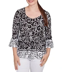 Ruby Rd. Petite Size Whirlwind Heart Border Print Knit Sweetheart Neck 3/4 Sleeve Top