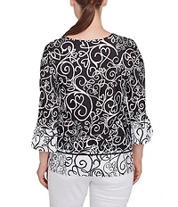 Ruby Rd. Petite Size Whirlwind Heart Border Print Knit Sweetheart Neck 3/4 Sleeve Top