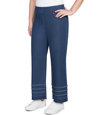 Ruby Rd. Petite Size Wide Leg Fringe Tiered Hem Pull-On Denim Ankle Jeans