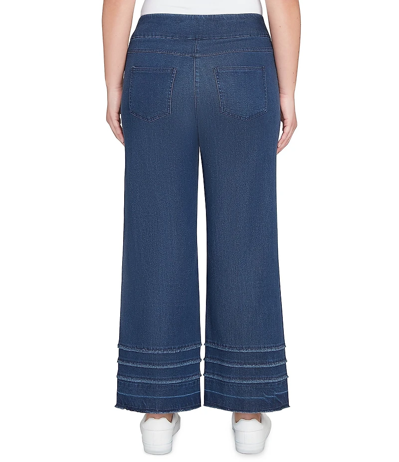 Ruby Rd. Petite Size Wide Leg Fringe Tiered Hem Pull-On Denim Ankle Jeans