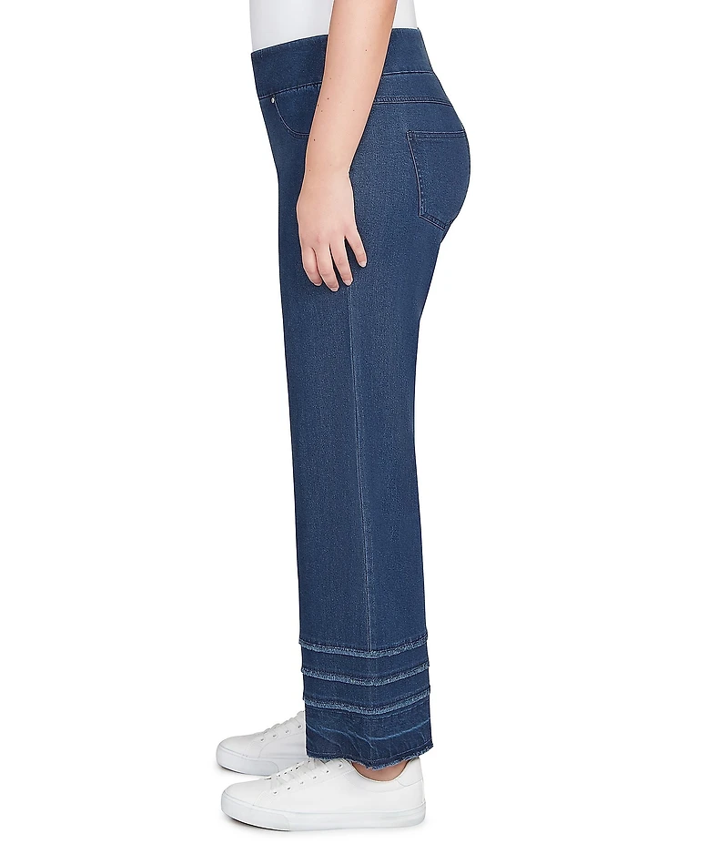 Ruby Rd. Petite Size Wide Leg Fringe Tiered Hem Pull-On Denim Ankle Jeans