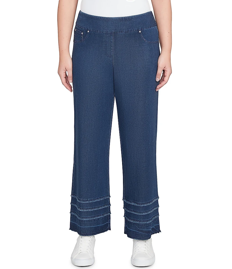 Ruby Rd. Petite Size Wide Leg Fringe Tiered Hem Pull-On Denim Ankle Jeans