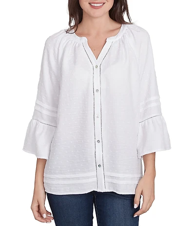 Ruby Rd. Petite Size Woven Embellished Trim Clip-Dot Mandarin Collar 3/4 Sleeve Button-Front Top