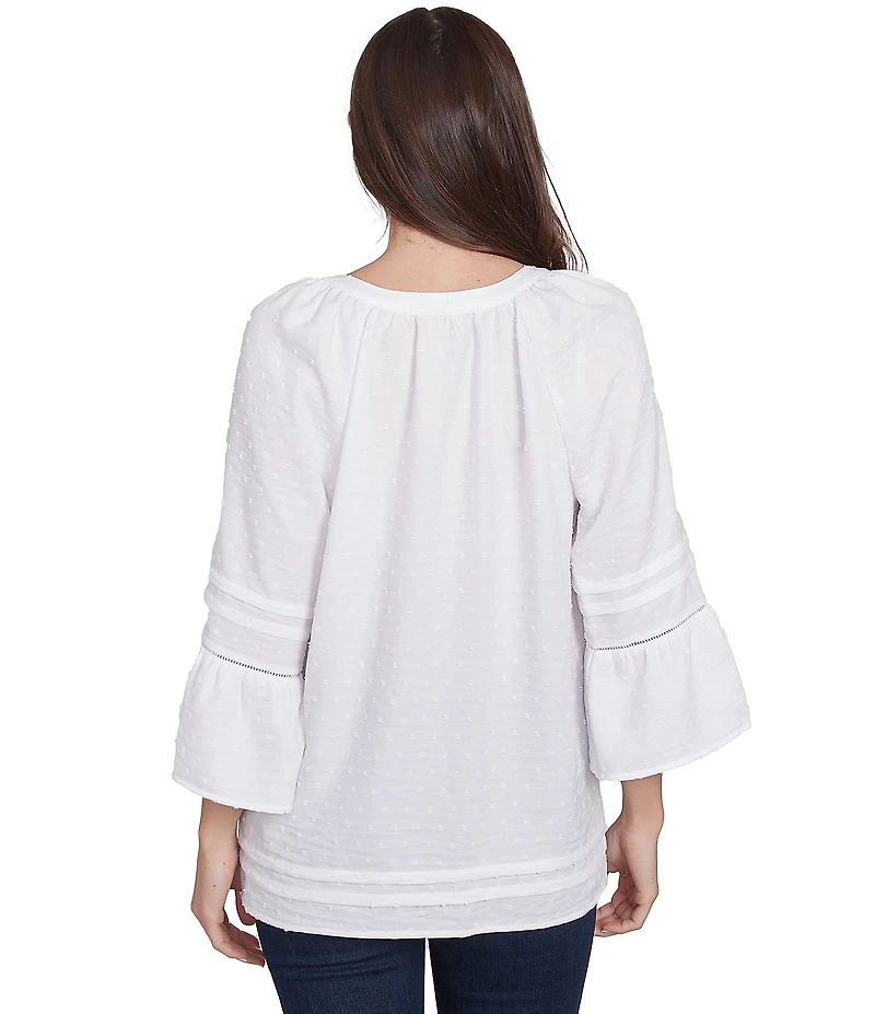 Ruby Rd. Petite Size Woven Embellished Trim Clip-Dot Mandarin Collar 3/4 Sleeve Button-Front Top