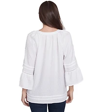 Ruby Rd. Petite Size Woven Embellished Trim Clip-Dot Mandarin Collar 3/4 Sleeve Button-Front Top