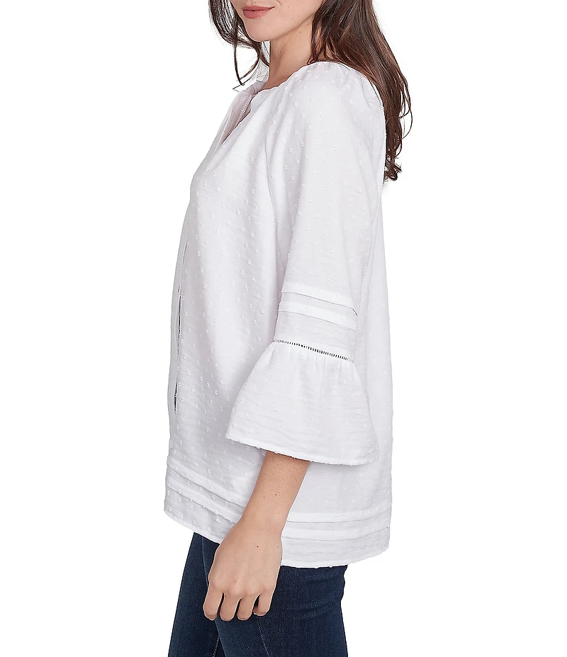 Ruby Rd. Petite Size Woven Embellished Trim Clip-Dot Mandarin Collar 3/4 Sleeve Button-Front Top