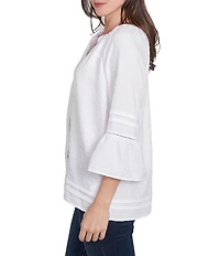 Ruby Rd. Petite Size Woven Embellished Trim Clip-Dot Mandarin Collar 3/4 Sleeve Button-Front Top