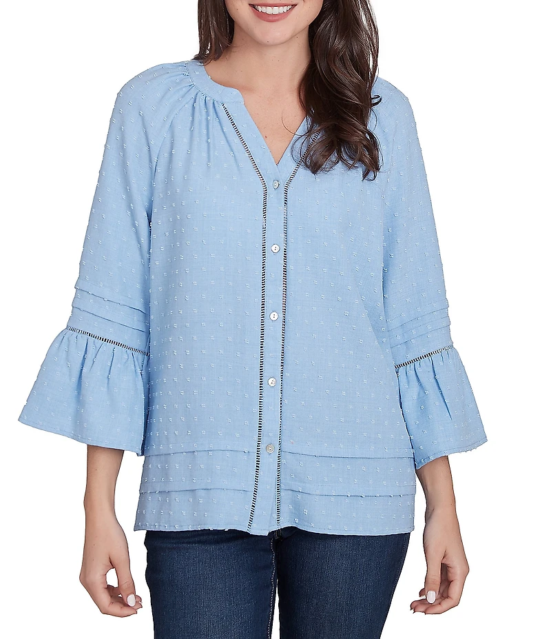 Ruby Rd. Petite Size Woven Embellished Trim Clip-Dot Mandarin Collar 3/4 Sleeve Button-Front Top