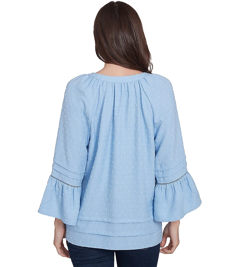 Ruby Rd. Petite Size Woven Embellished Trim Clip-Dot Mandarin Collar 3/4 Sleeve Button-Front Top