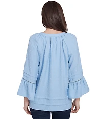 Ruby Rd. Petite Size Woven Embellished Trim Clip-Dot Mandarin Collar 3/4 Sleeve Button-Front Top