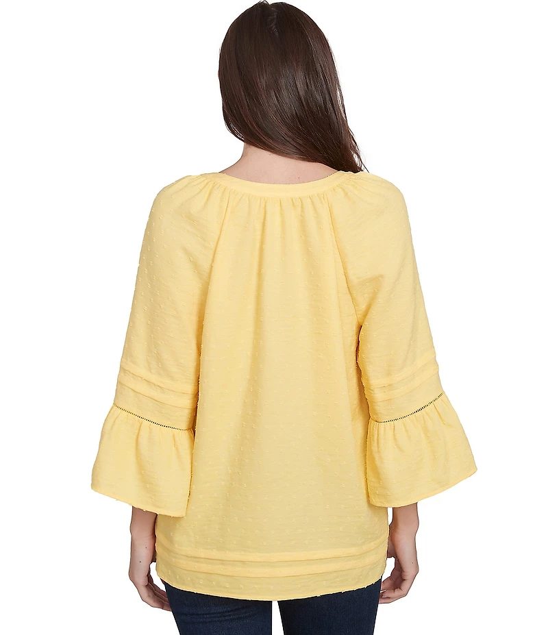 Ruby Rd. Petite Size Woven Embellished Trim Clip-Dot Mandarin Collar 3/4 Sleeve Button-Front Top