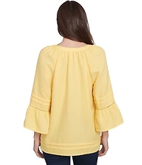 Ruby Rd. Petite Size Woven Embellished Trim Clip-Dot Mandarin Collar 3/4 Sleeve Button-Front Top