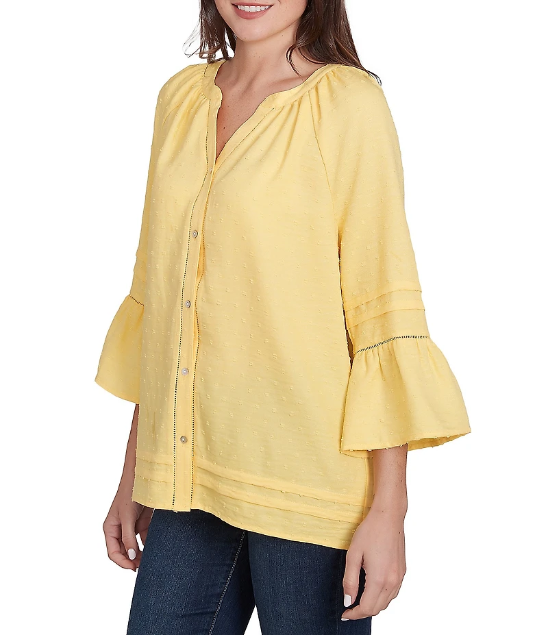 Ruby Rd. Petite Size Woven Embellished Trim Clip-Dot Mandarin Collar 3/4 Sleeve Button-Front Top