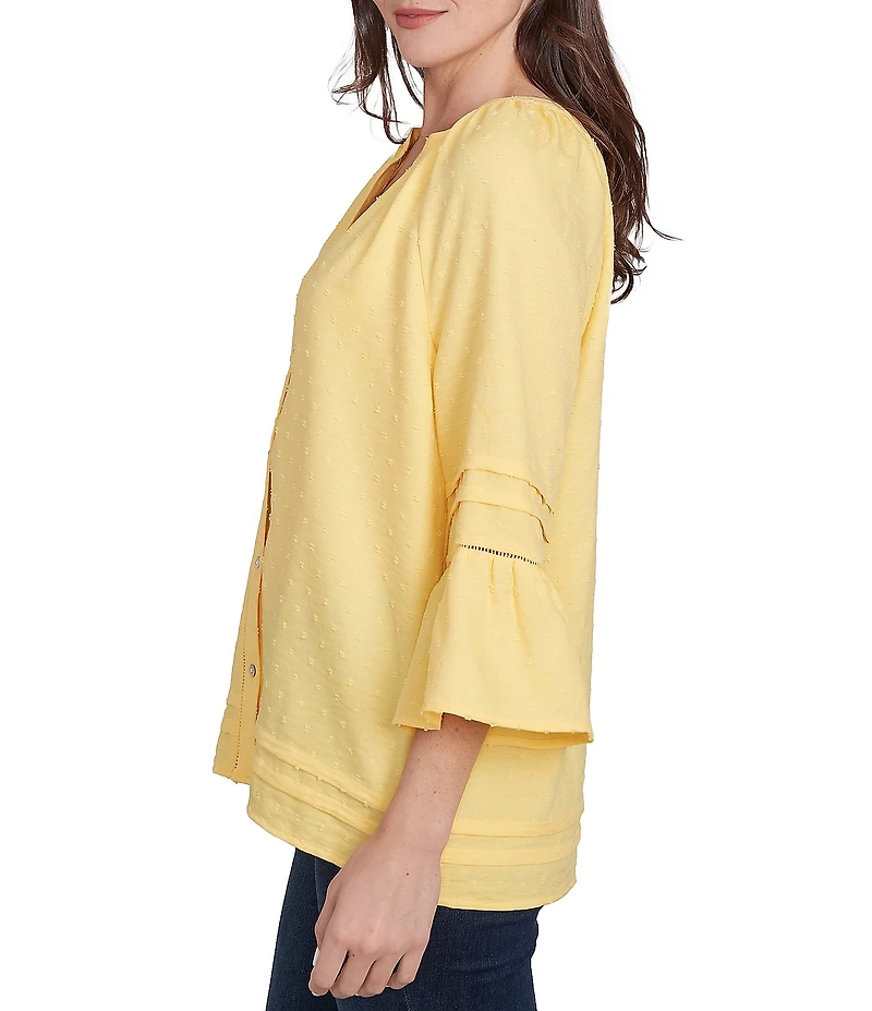 Ruby Rd. Petite Size Woven Embellished Trim Clip-Dot Mandarin Collar 3/4 Sleeve Button-Front Top