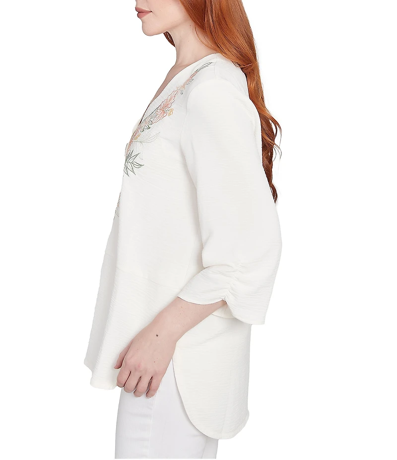 Ruby Rd. Petite Size Woven Embroidery Floral V-Neck 3/4 Sleeve Gauze Top