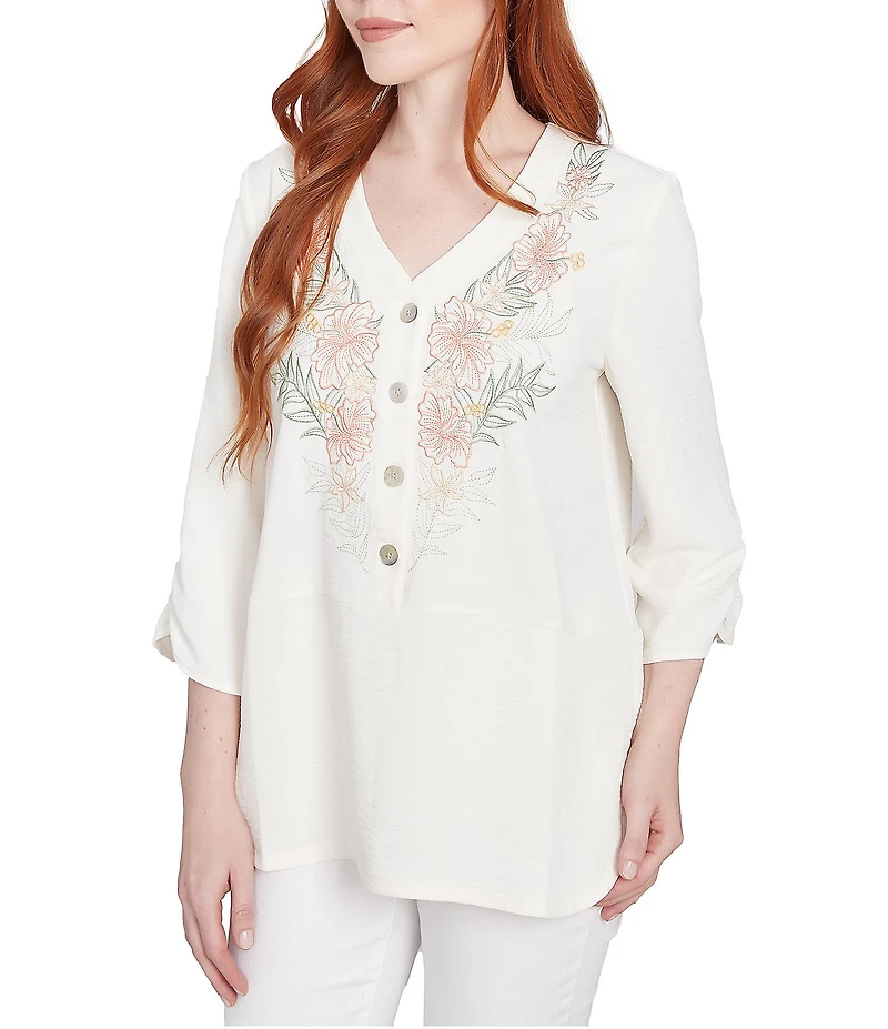 Ruby Rd. Petite Size Woven Embroidery Floral V-Neck 3/4 Sleeve Gauze Top