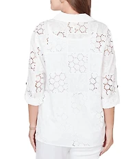 Ruby Rd. Petite Size Woven Eyelet Embroidery Collared V-Neck 3/4 Roll-tab Sleeve Button-Front Shirt