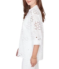 Ruby Rd. Petite Size Woven Eyelet Embroidery Collared V-Neck 3/4 Roll-tab Sleeve Button-Front Shirt