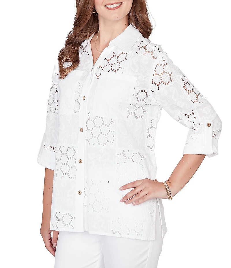 Ruby Rd. Petite Size Woven Eyelet Embroidery Collared V-Neck 3/4 Roll-tab Sleeve Button-Front Shirt