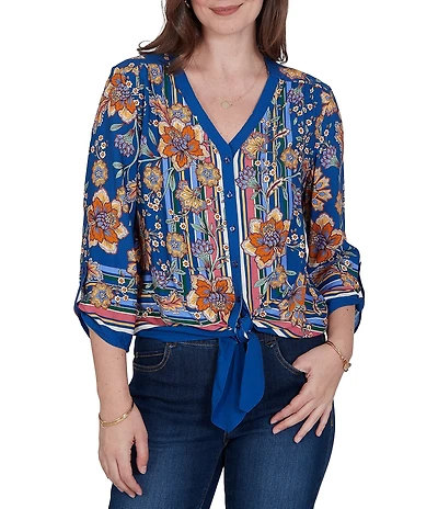 Ruby Rd. Petite Size Woven Floral Vines V-Neck 3/4 Sleeve Top