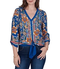 Ruby Rd. Petite Size Woven Floral Vines V-Neck 3/4 Sleeve Top