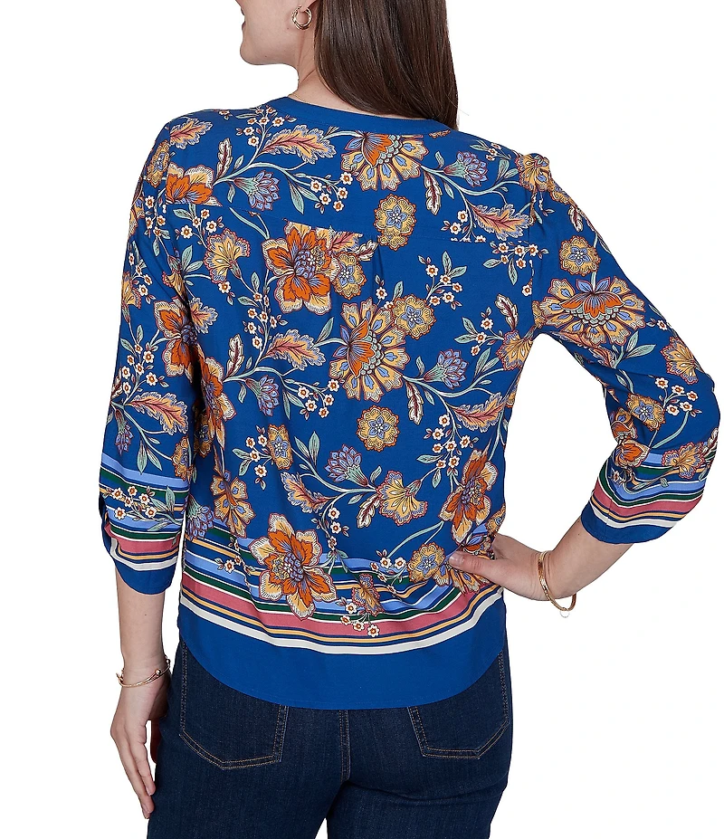 Ruby Rd. Petite Size Woven Floral Vines V-Neck 3/4 Sleeve Top