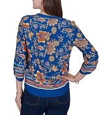Ruby Rd. Petite Size Woven Floral Vines V-Neck 3/4 Sleeve Top