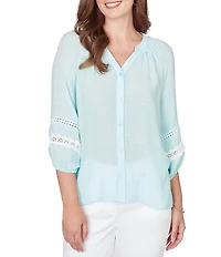 Ruby Rd. Petite Size Woven Silky Gauze Banded Split V-Neck 3/4 Lace Trim Sleeve Button Front Blouse