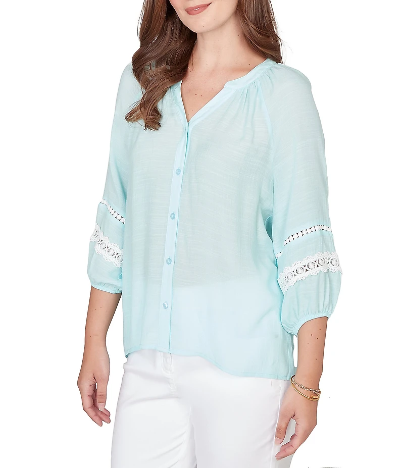 Ruby Rd. Petite Size Woven Silky Gauze Banded Split V-Neck 3/4 Lace Trim Sleeve Button Front Blouse
