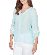 Ruby Rd. Petite Size Woven Silky Gauze Banded Split V-Neck 3/4 Lace Trim Sleeve Button Front Blouse