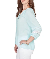 Ruby Rd. Petite Size Woven Silky Gauze Banded Split V-Neck 3/4 Lace Trim Sleeve Button Front Blouse