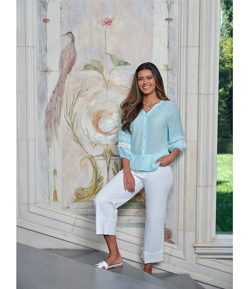 Ruby Rd. Petite Size Woven Silky Gauze Banded Split V-Neck 3/4 Lace Trim Sleeve Button Front Blouse