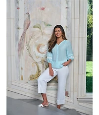 Ruby Rd. Petite Size Woven Silky Gauze Banded Split V-Neck 3/4 Lace Trim Sleeve Button Front Blouse