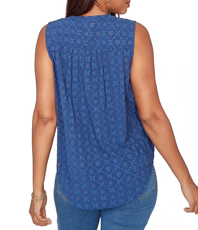 Ruby Rd. Petite Size Woven Split V-Neck Sleeveless Button Tie-Front Eyelet Top